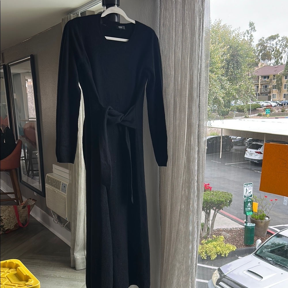 Aqua Black Long Sleeve Cashmere tie front dress